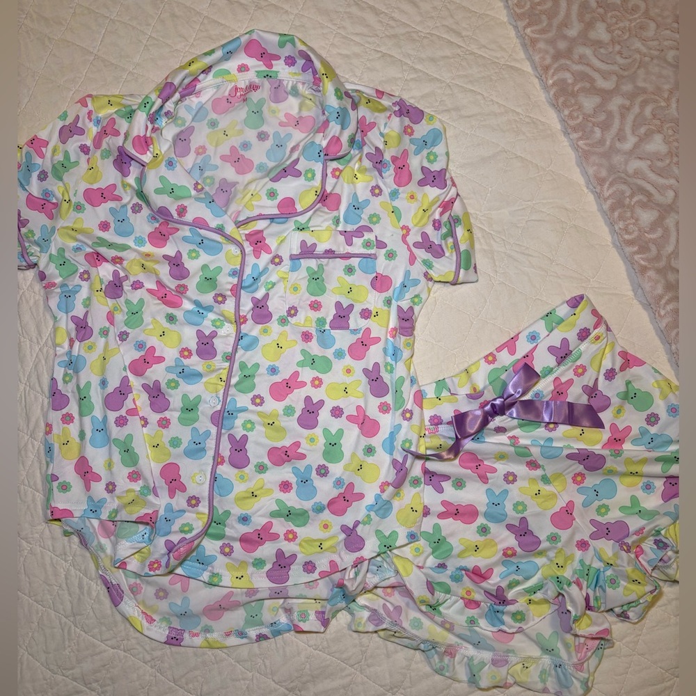 Colorful Easter Bunny Print Women's Pajama Set M New